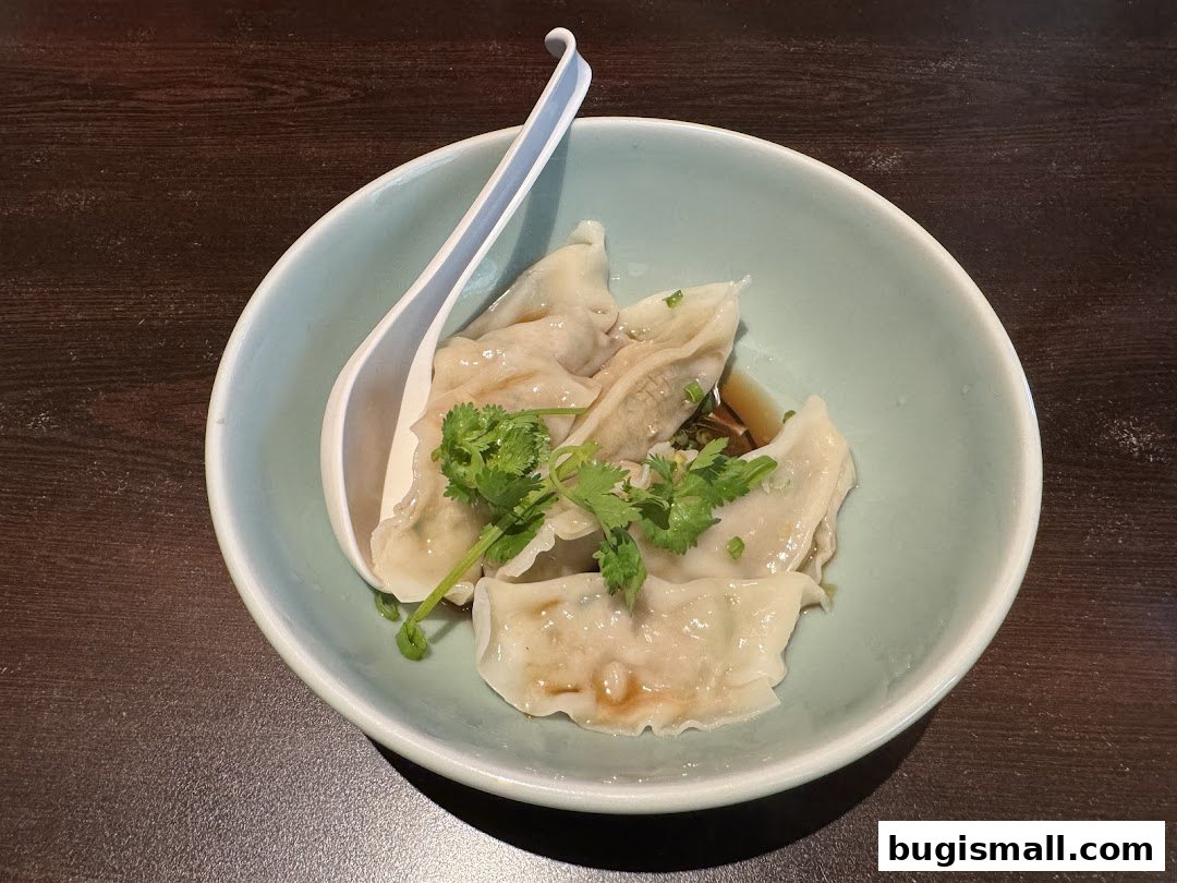 A bowl of delicious dumplings served with a spoon and garnished with cilantro.