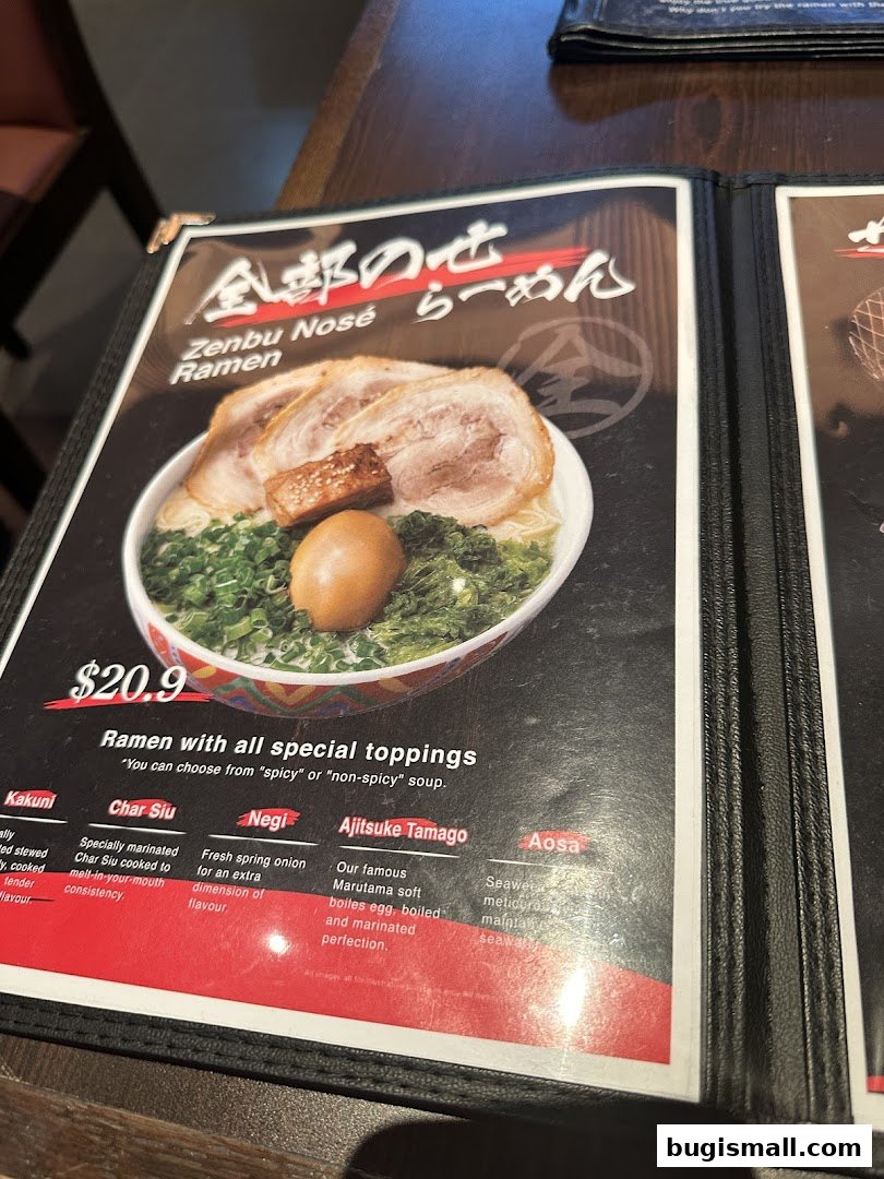 A menu page featuring Zenbu Nose Ramen with detailed descriptions of toppings.