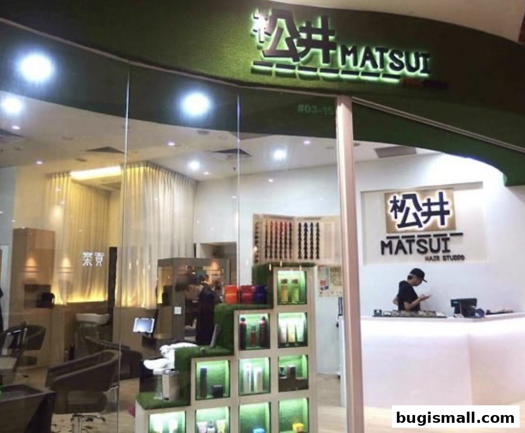 The exterior of Matsui Hair Studio, showcasing its modern interior and product displays.