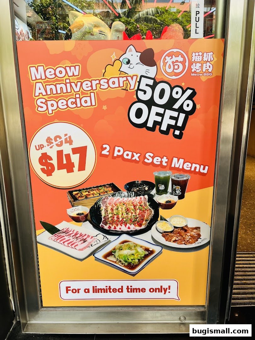 A promotional poster for Meow Barbecue's anniversary special, featuring a 50% discount on a 2-person set menu.