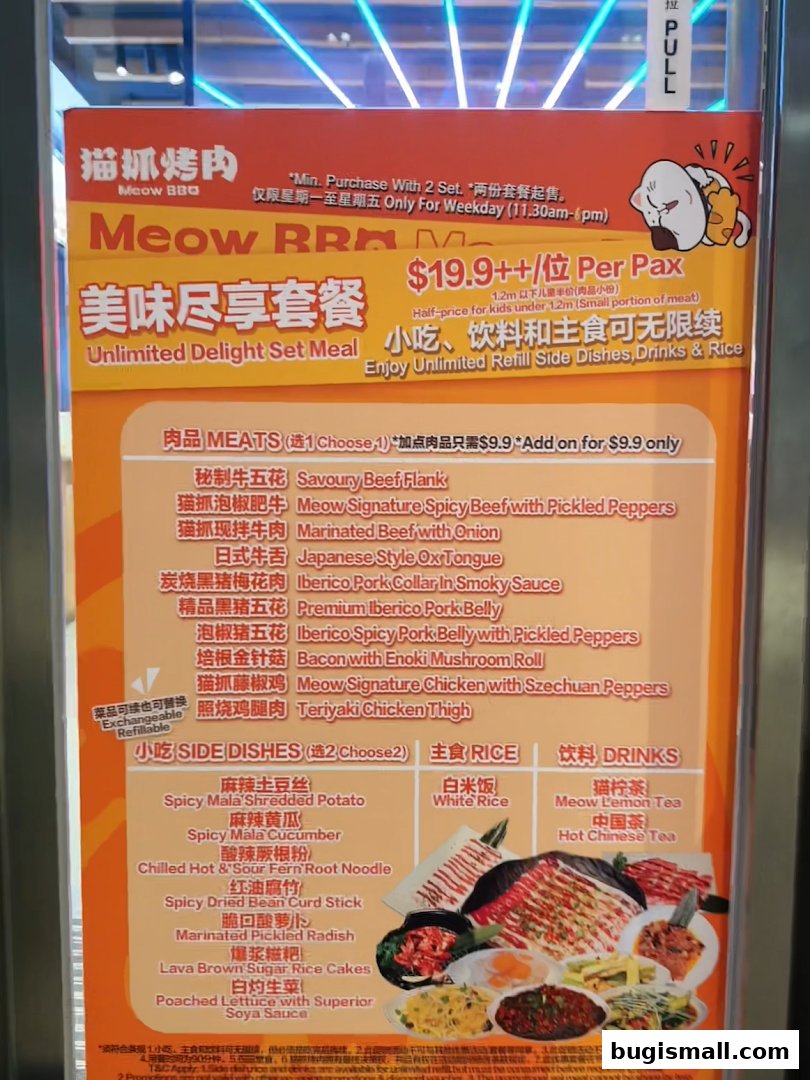 A menu for Meow Barbecue featuring unlimited delight set meals with various meat, side dish, rice, and drink options.