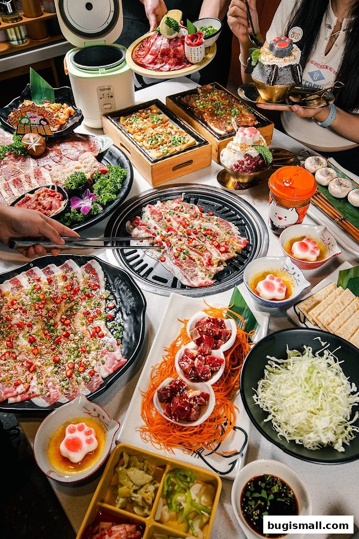 A table laden with various barbecue dishes, including thinly sliced meats, vegetables, and desserts.