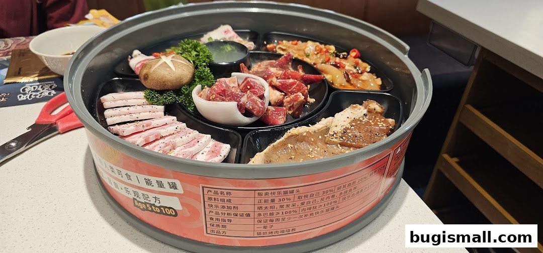 A platter of assorted raw meats and ingredients, including sliced pork belly, diced beef, and mushrooms, ready for barbecue.