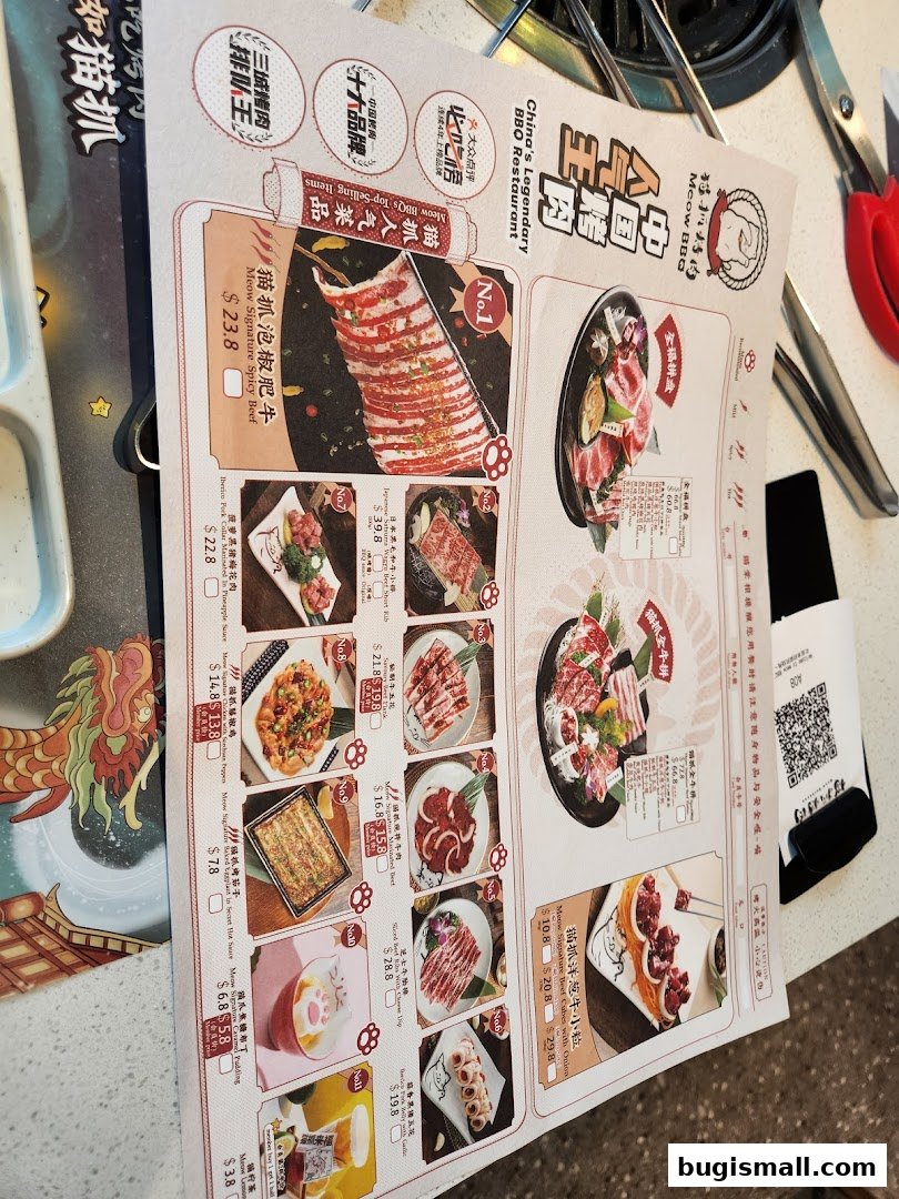 A menu from Meow Barbecue featuring various meat dishes and desserts with prices.