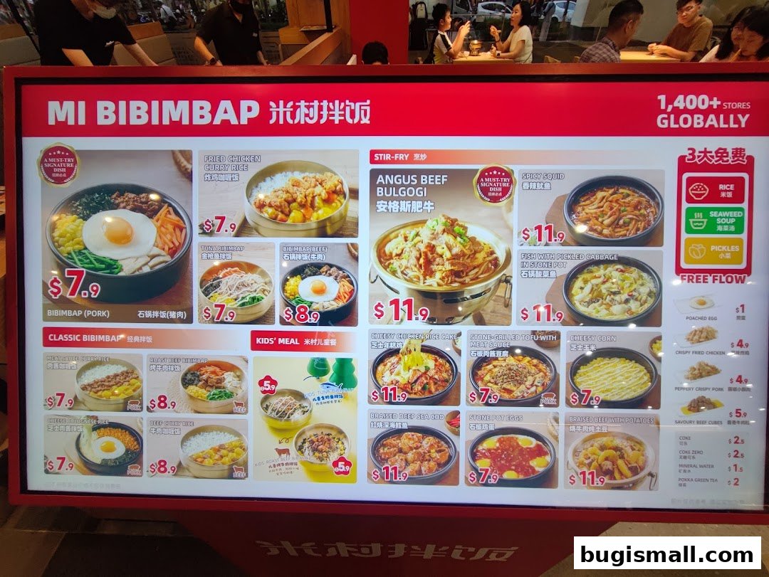 A menu board for Mi Bibimbap, showcasing various Korean dishes with prices and images.