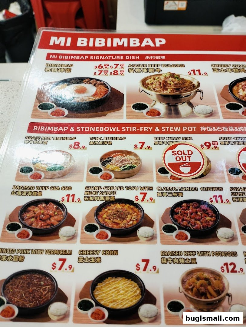 A menu from Mi Bibimbap featuring various Korean dishes with prices and images.