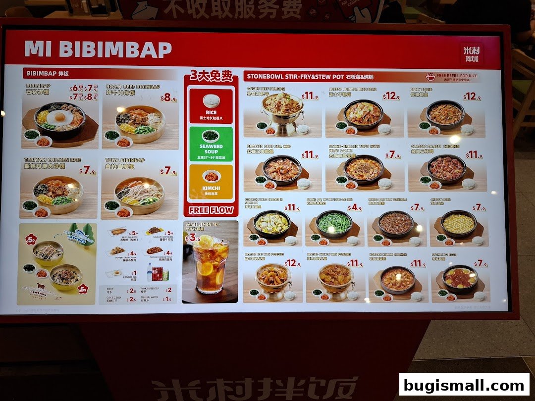 A menu board for Mi Bibimbap, showcasing various Korean dishes with prices and images.
