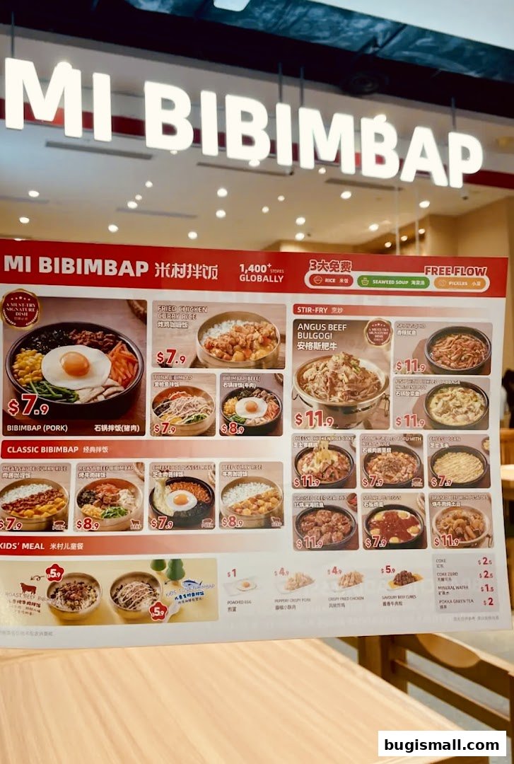 A menu for Mi Bibimbap featuring various Korean dishes with prices and images.