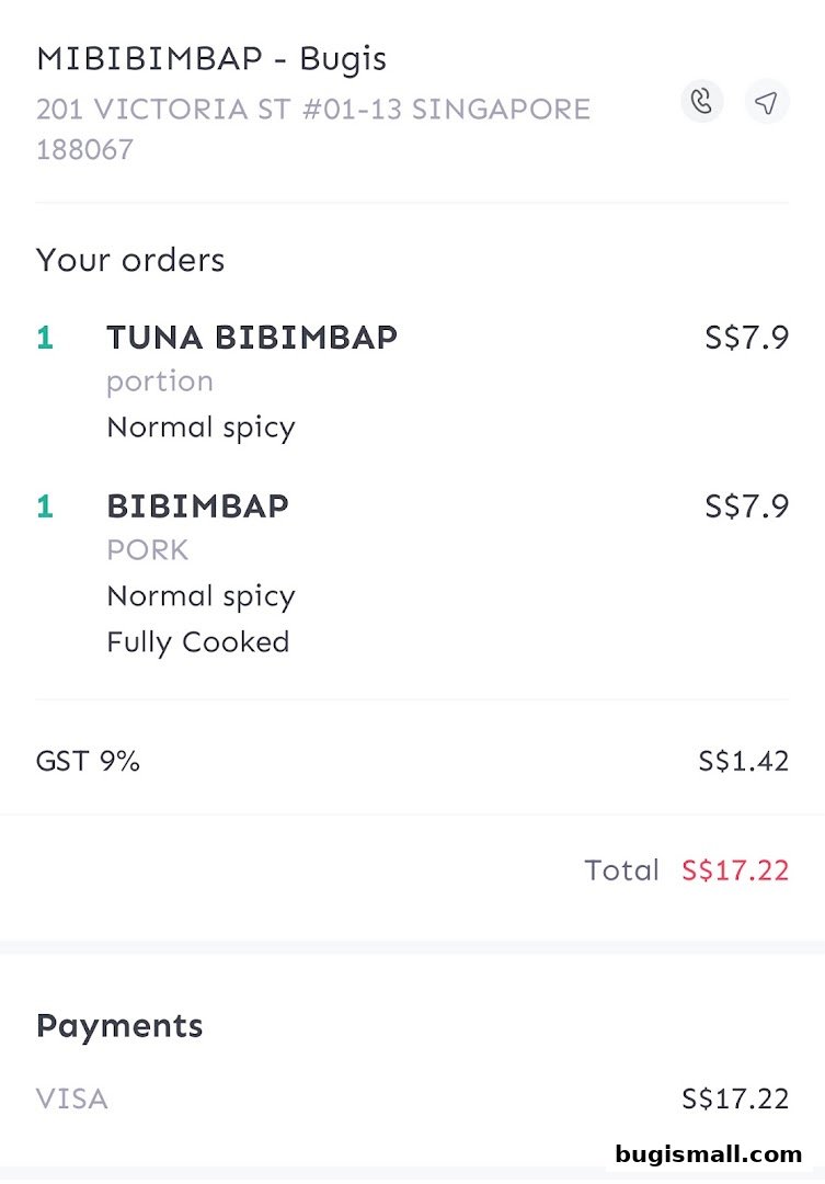 A receipt showing orders for Tuna Bibimbap and Bibimbap with prices and payment details.