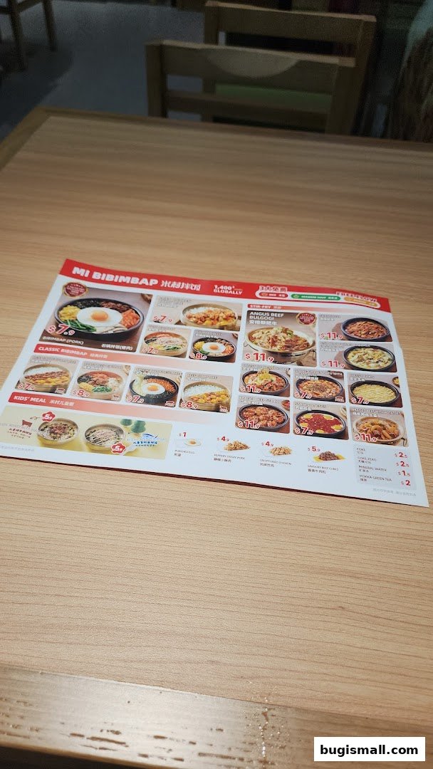 A menu from Mi Bibimbap featuring various Korean dishes with prices.