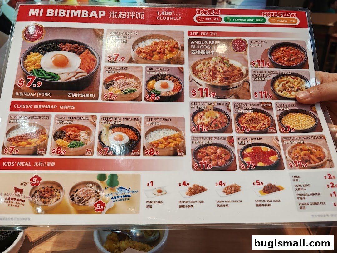 A menu from Mi Bibimbap featuring various Korean dishes with prices and images.