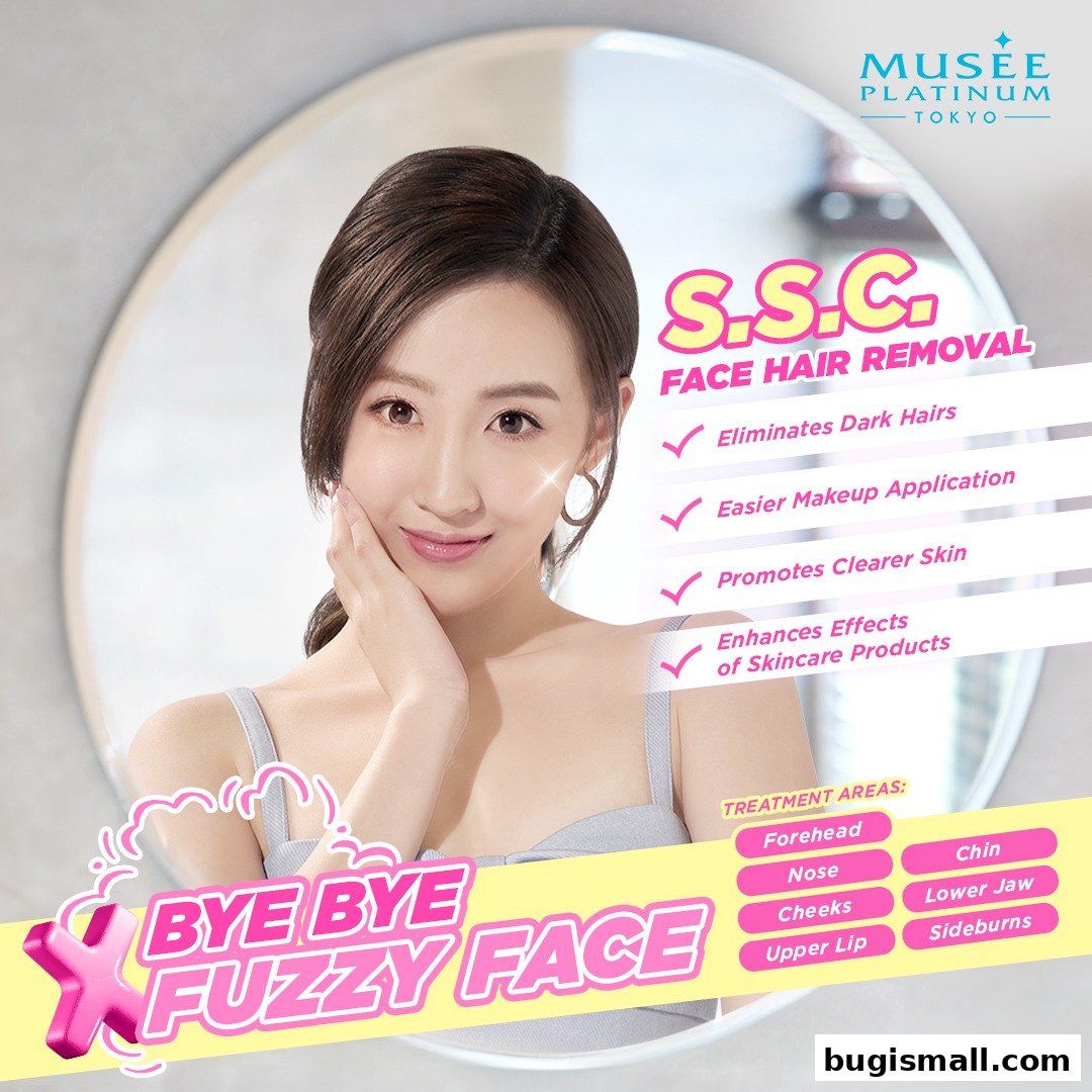 A woman promoting Musee Platinum Tokyo's S.S.C. Face Hair Removal service.