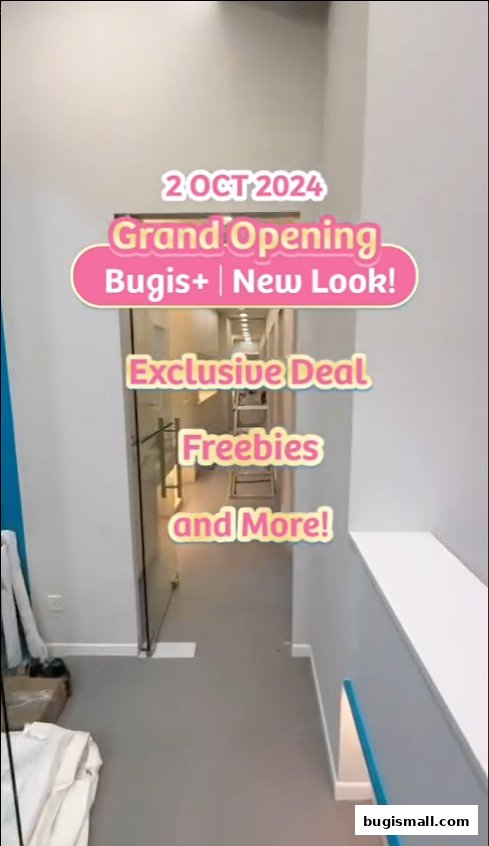 A hallway with text overlays announcing a grand opening and exclusive deals.
