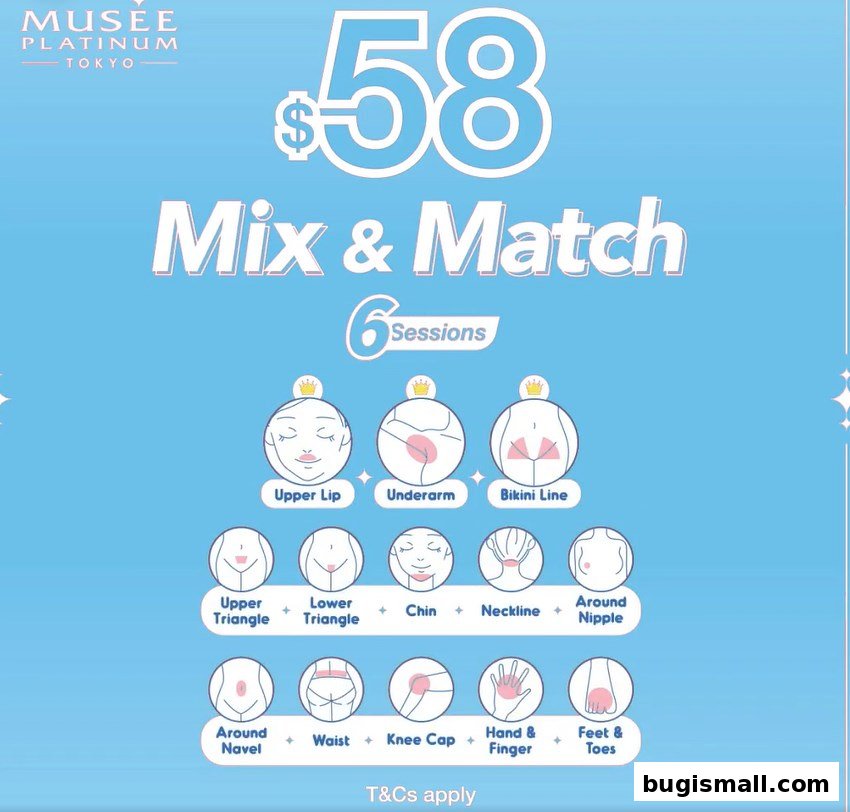 A promotional graphic for Musee Platinum Tokyo's Mix & Match 6 Sessions package.