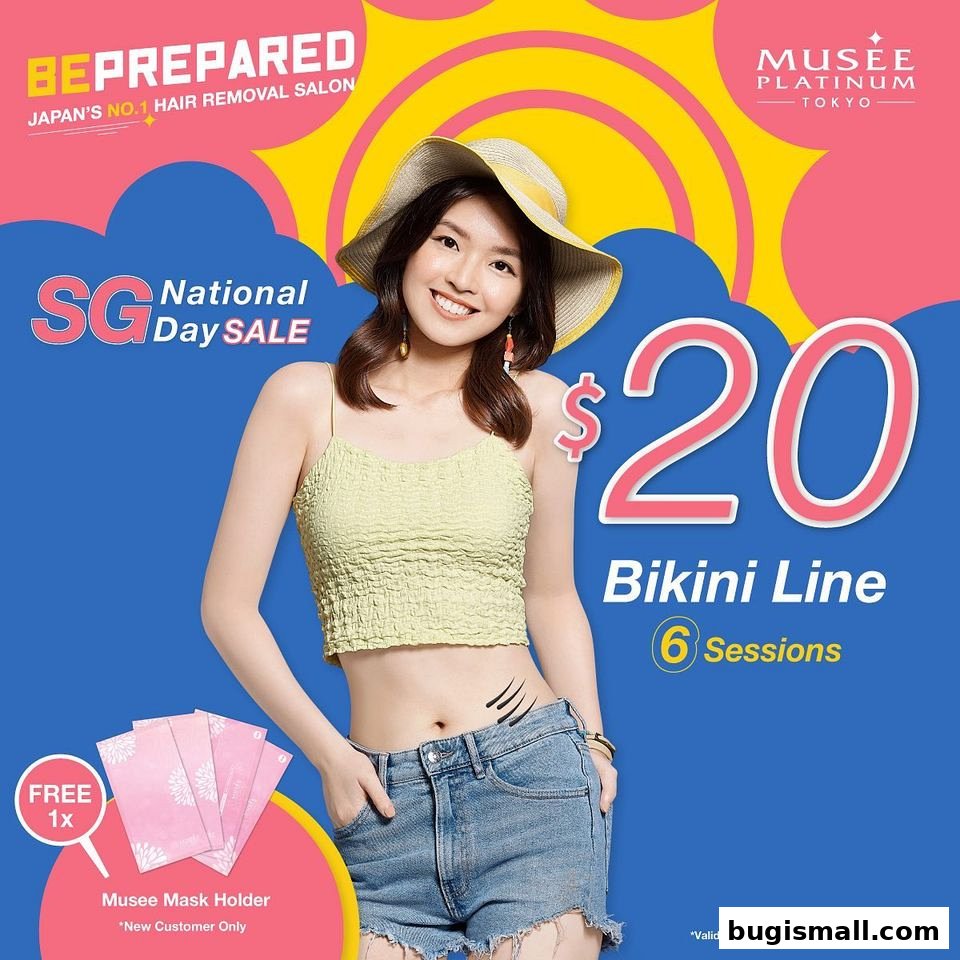 A woman smiles, advertising a $20 bikini line hair removal deal with 6 sessions.
