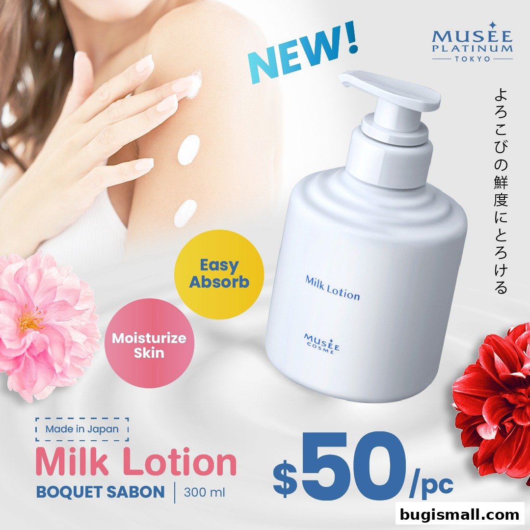 A bottle of Musee Platinum Tokyo Milk Lotion with a person applying lotion to their arm.