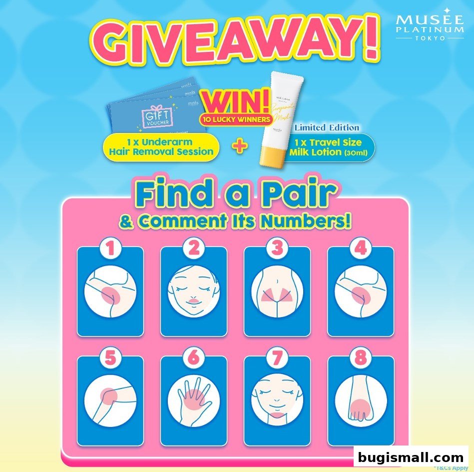 A giveaway poster for Musee Platinum Tokyo featuring a 'Find a Pair' game with prizes.