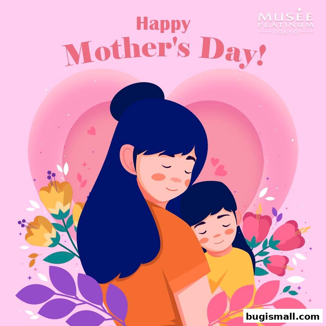 Illustration of a mother and child embracing, with flowers and the text 'Happy Mother's Day!'