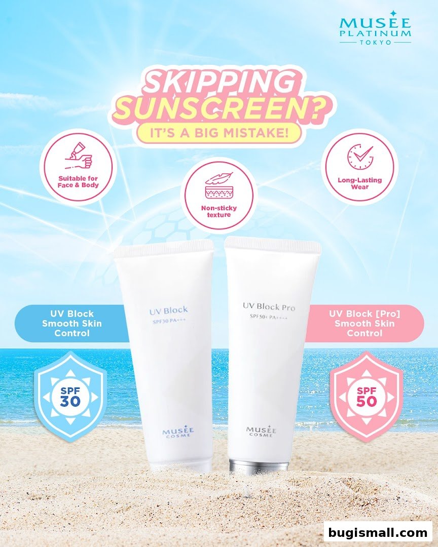 Two tubes of Musee Cosme sunscreen with SPF 30 and SPF 50 on a beach background.