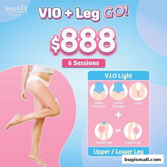 Advertisement for Musee Platinum Tokyo's VIO + Leg hair removal package.