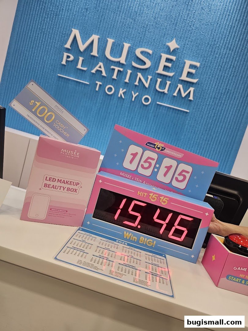 Musee Platinum Tokyo shop display featuring a cash voucher, LED makeup beauty box, and a digital timer.