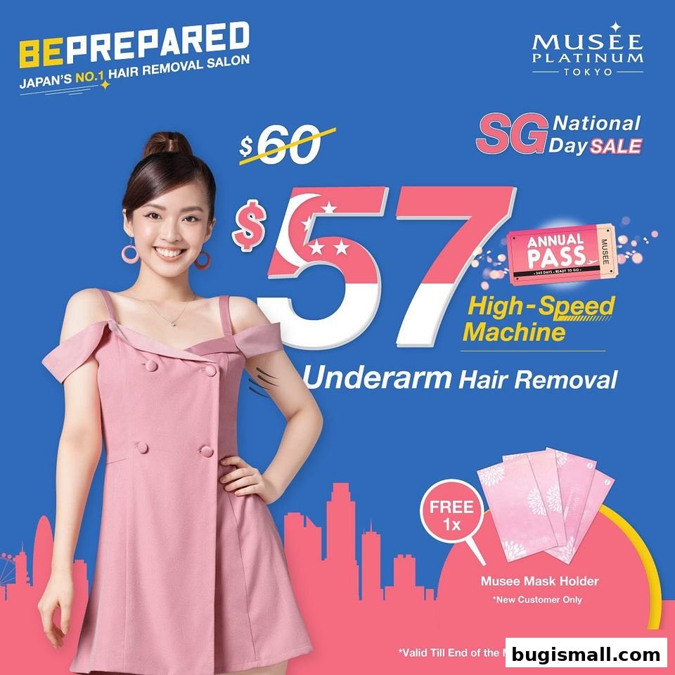 A woman in a pink dress poses next to a promotional graphic for Musee Platinum Tokyo's hair removal service.