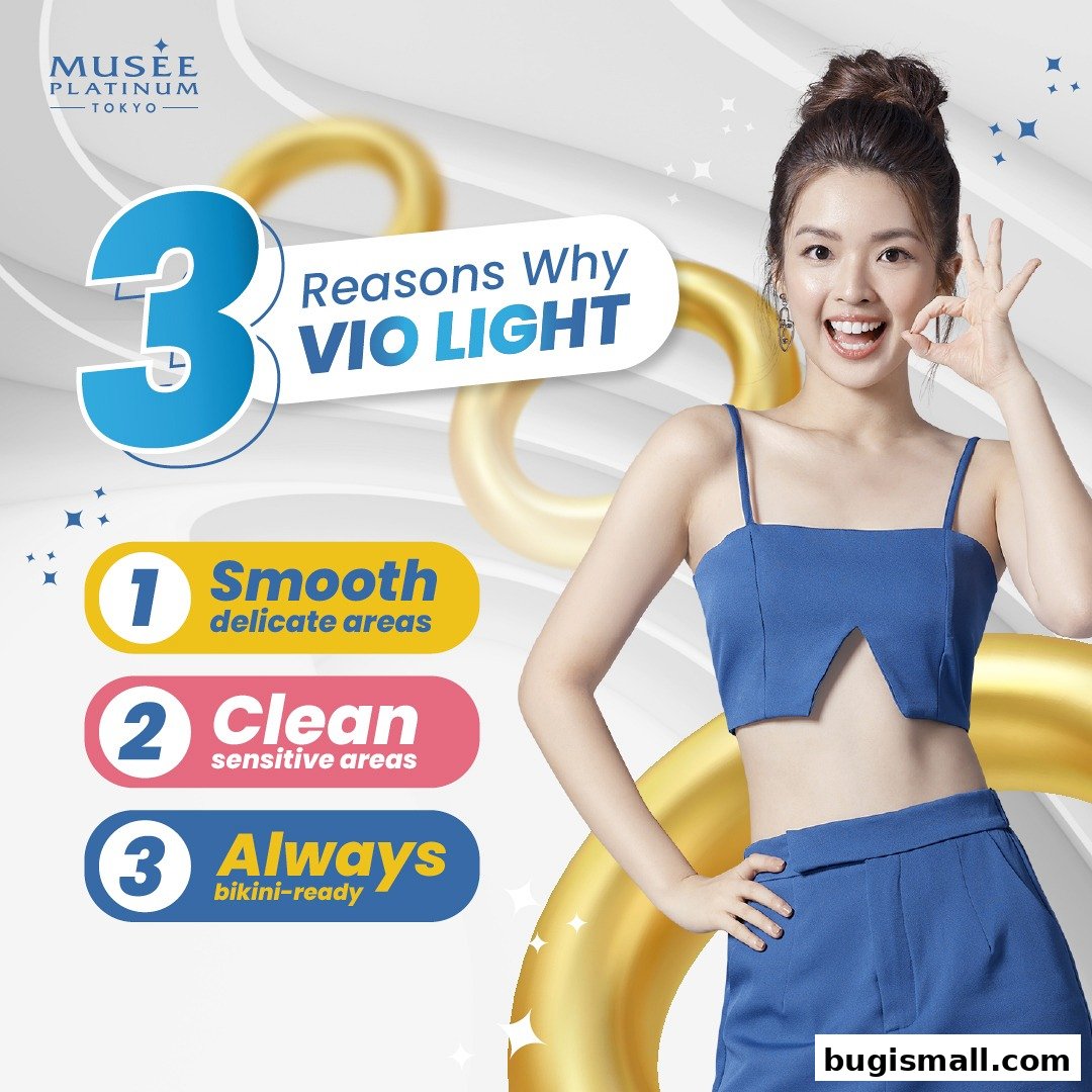 A woman is shown with text highlighting three reasons for VIO LIGHT treatment.