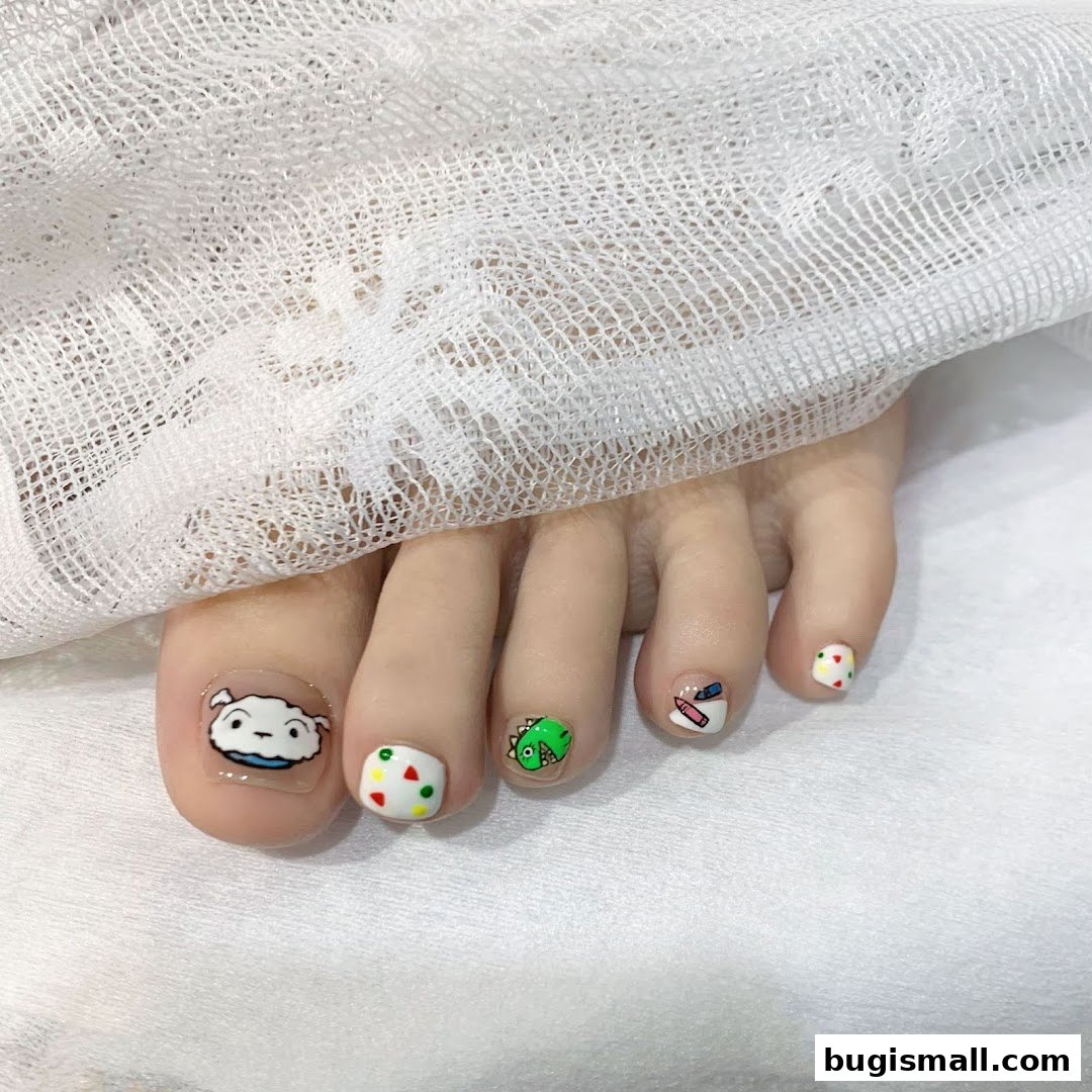 Close-up of feet with colorful and cartoon-themed nail art.
