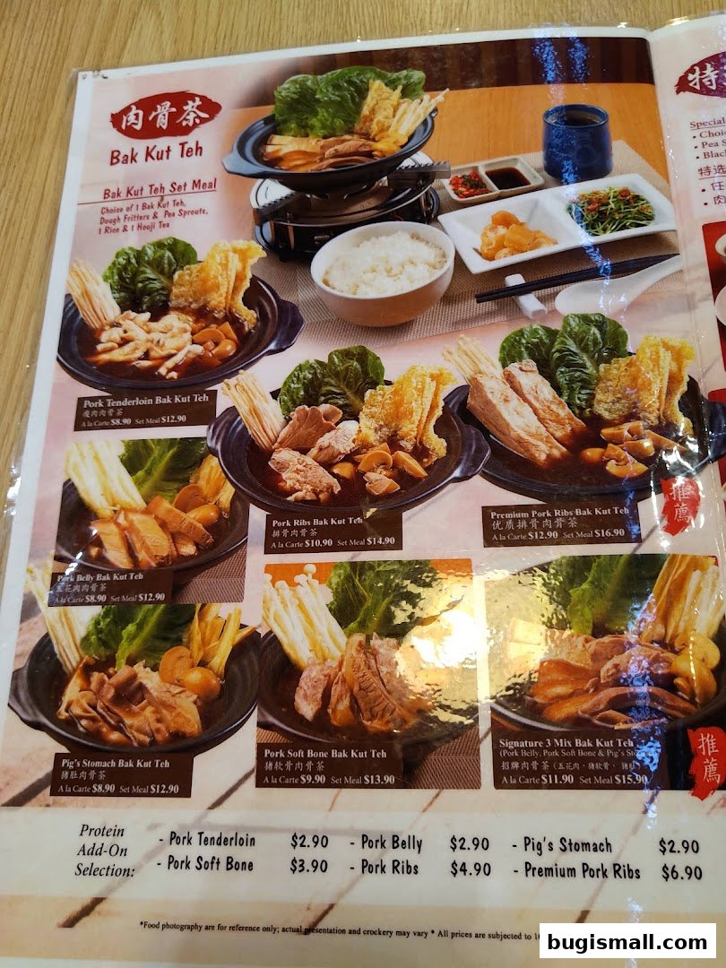 A menu for New Manlee Bak Kut Teh featuring various set meals and add-on proteins.