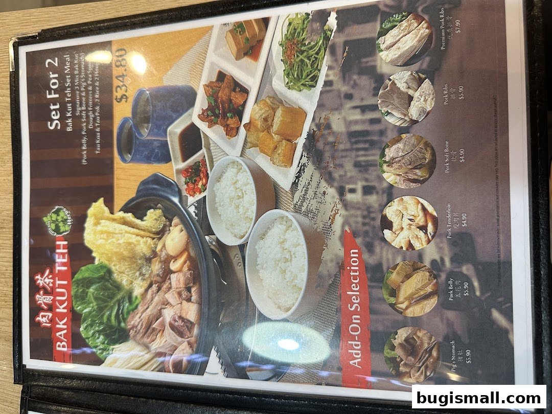 A menu for Bak Kut Teh featuring a set meal for two and various add-on pork selections.