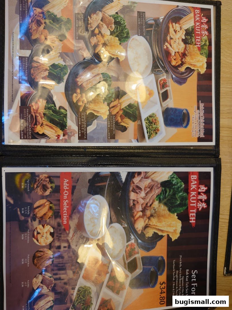 A menu featuring various Bak Kut Teh dishes and add-on selections with prices.