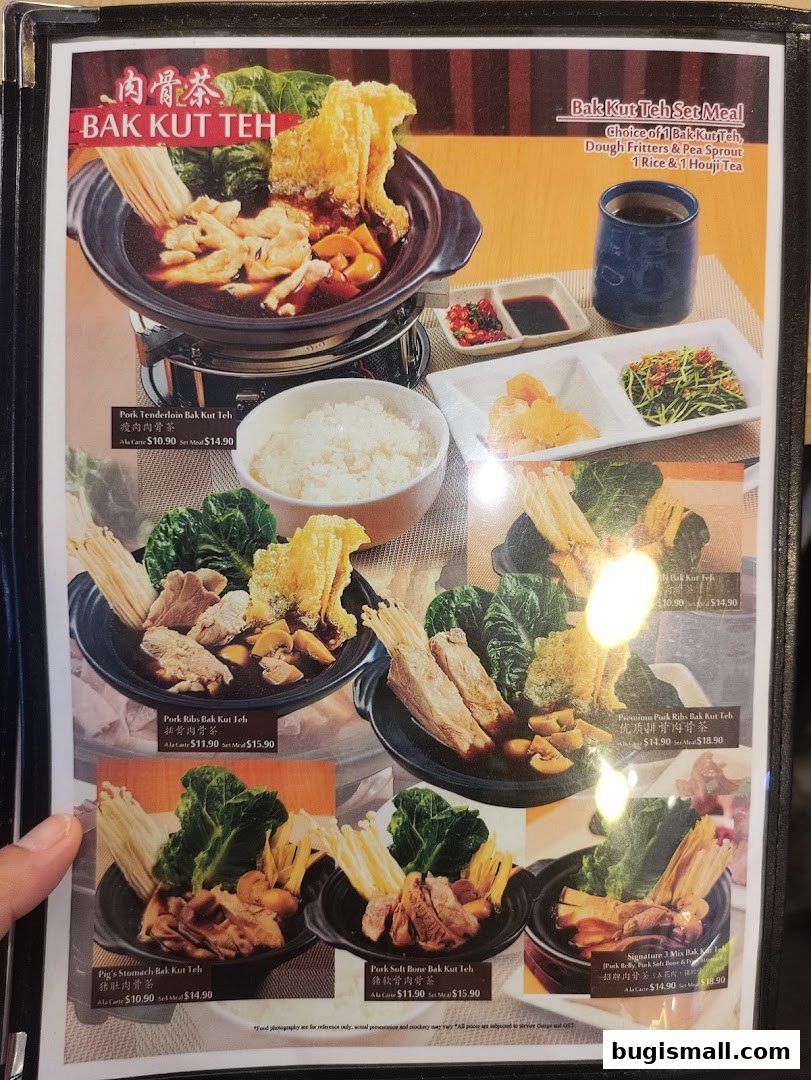A menu showcasing various Bak Kut Teh dishes with prices and descriptions.
