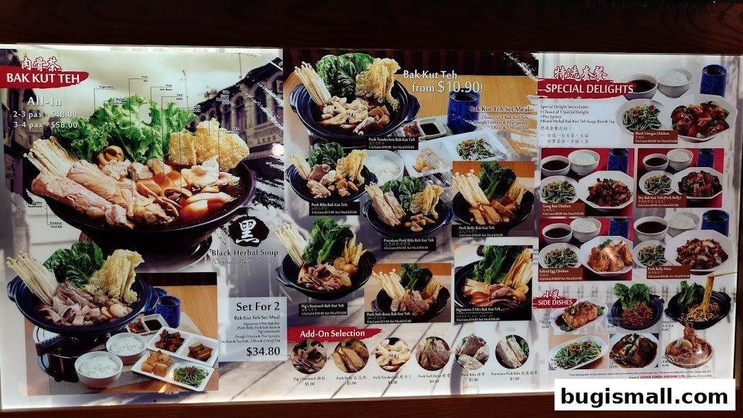 A menu board for Bak Kut Teh featuring various set meals and side dishes.