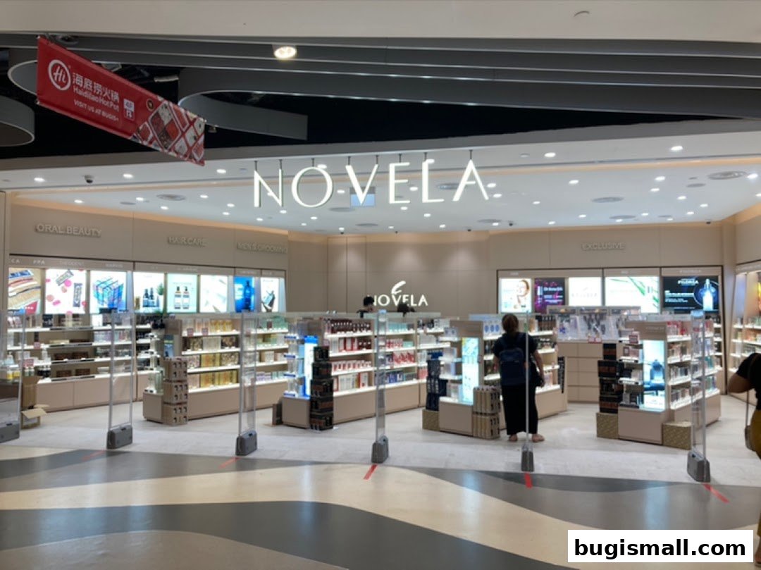The Novela store entrance, showcasing a wide selection of beauty and grooming products.