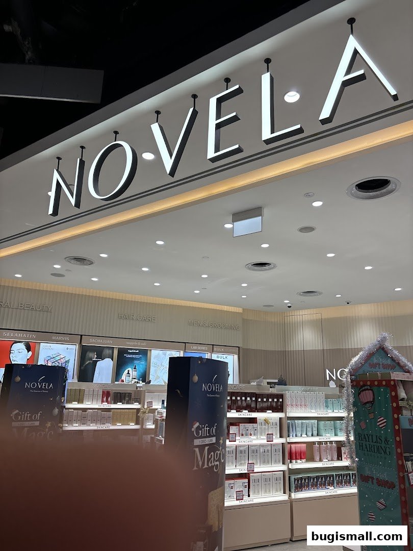 Interior view of a Novela beauty store showcasing skincare and grooming products.