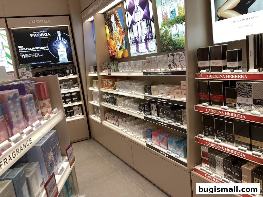 Interior view of a fragrance and skincare store with displays of perfumes and beauty products.