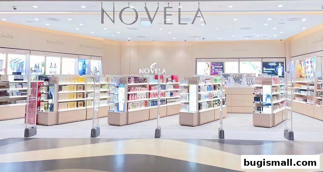 Interior view of a well-lit beauty and personal care store with shelves stocked with various products.