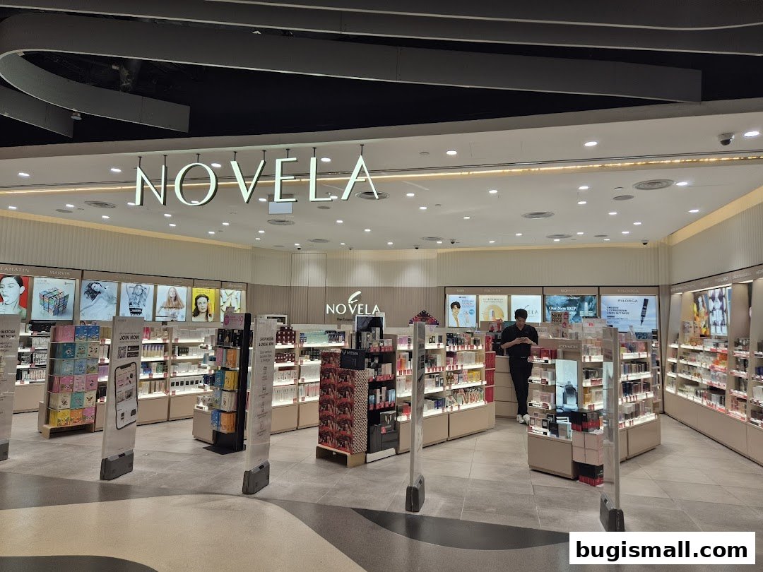 Interior view of the Novela beauty store showcasing a wide array of cosmetics and skincare products.