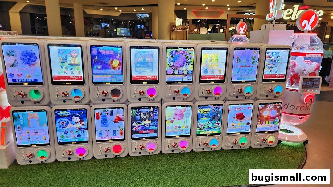 A row of Odoroki gachapon capsule toy vending machines displaying various anime and character merchandise.