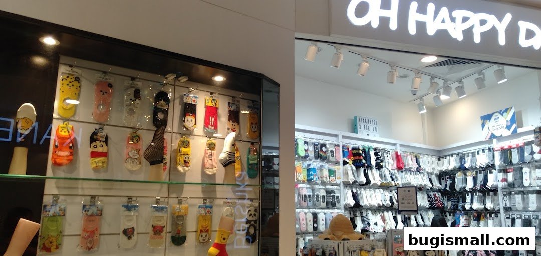A shop displaying a wide variety of character-themed socks in display cases and on shelves.