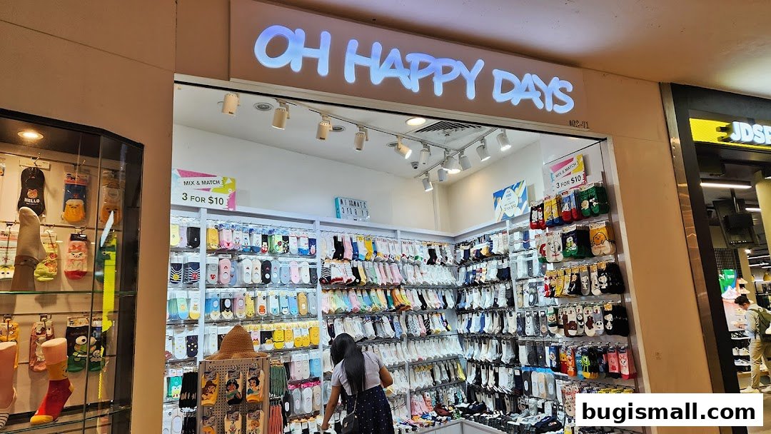 A shop called Oh Happy Days displaying a wide variety of colorful socks.