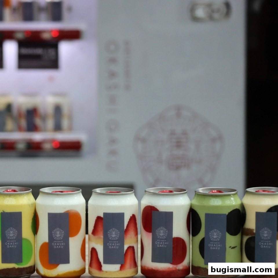 A row of colorful canned desserts with fruit and cake layers, displayed in front of a vending machine.