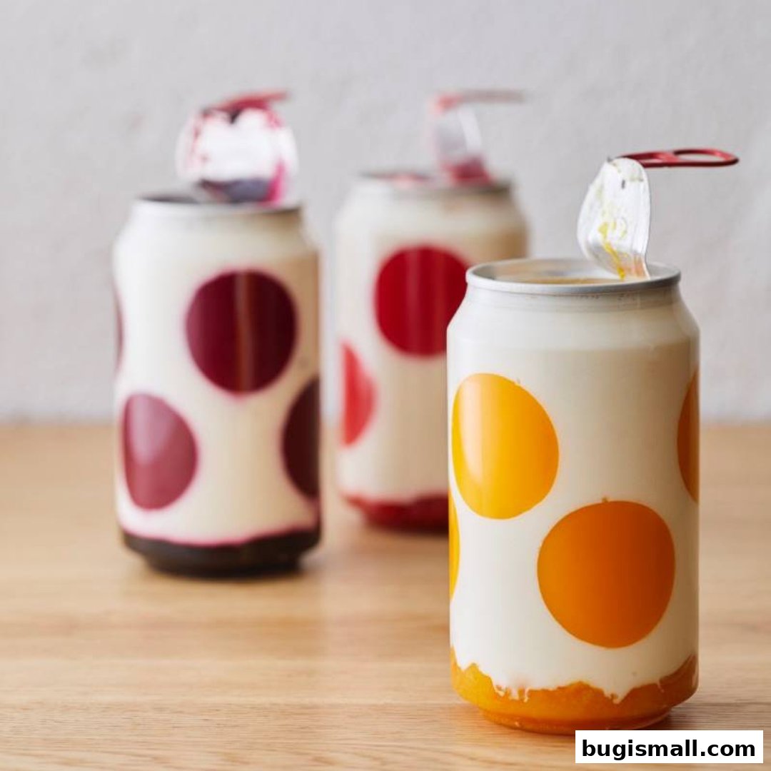 Three cans filled with creamy white liquid and colorful fruit spheres on a wooden surface.