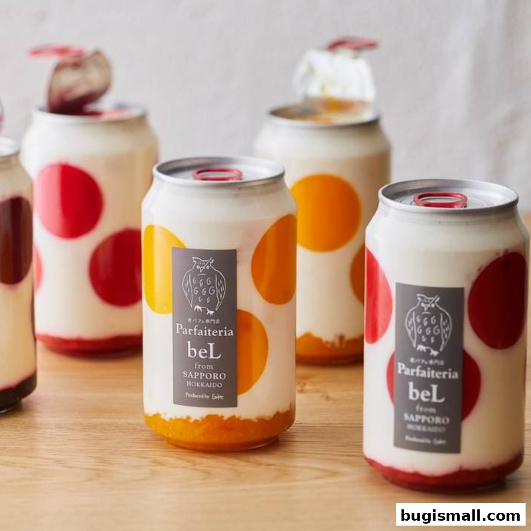 Several cans of layered parfaits with colorful polka dots and owl branding.