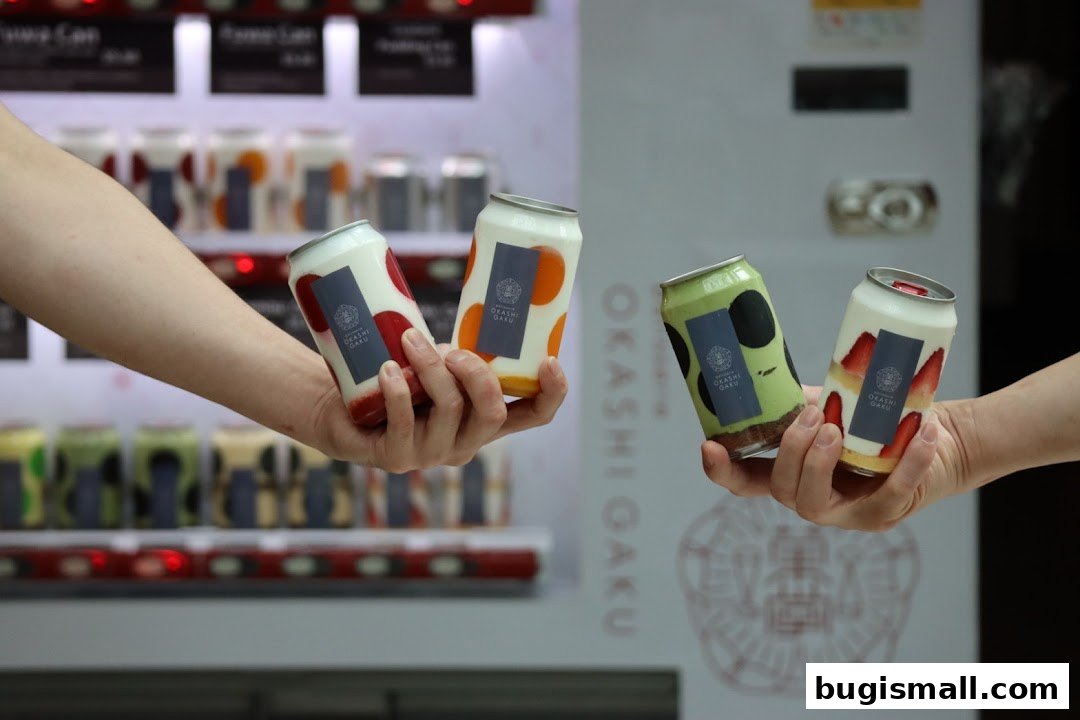 Hands holding cans of dessert with fruit and matcha flavors in front of a vending machine.
