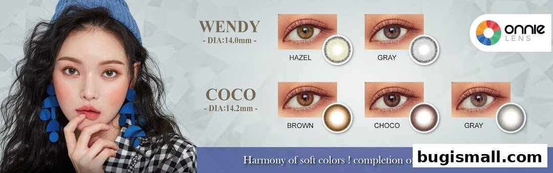 A model showcases various colored contact lenses from ONNIE LENS.