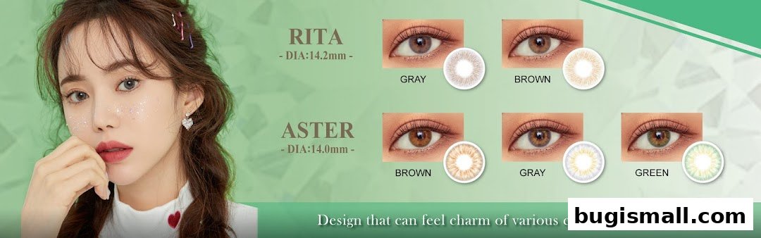A woman with glitter on her face showcases colored contact lenses in various shades.