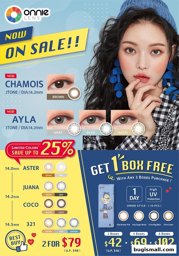 Advertisement for Onnie Lens featuring new contact lens styles and a buy 3 get 1 free offer.