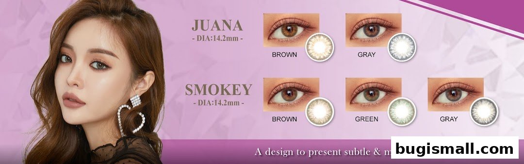 A woman with striking makeup showcases colored contact lenses in brown, gray, and green shades.