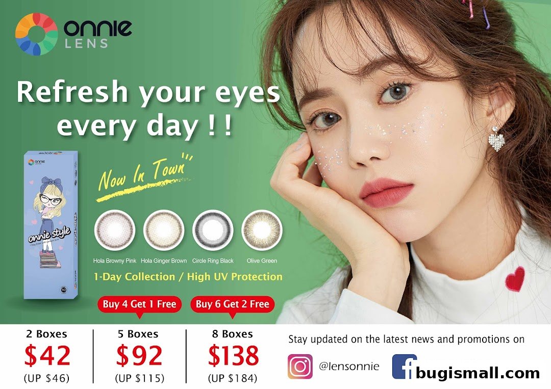 Advertisement for ONNIE LENS featuring a model, product packaging, and pricing information.